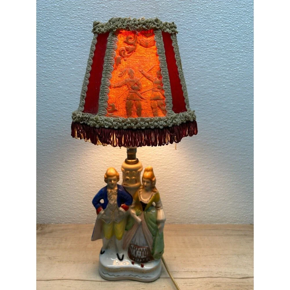 Vtg Porcelain Victorian Couple Night Stand Lamps Set Of 2 Original Shades Japan